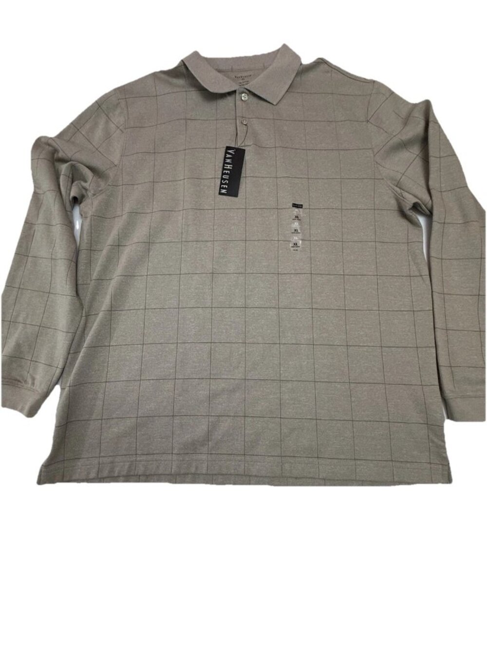 Van Heusen XL Long Sleeve Polo Shirt Beige Windowpane Cotton Blend NWT Men